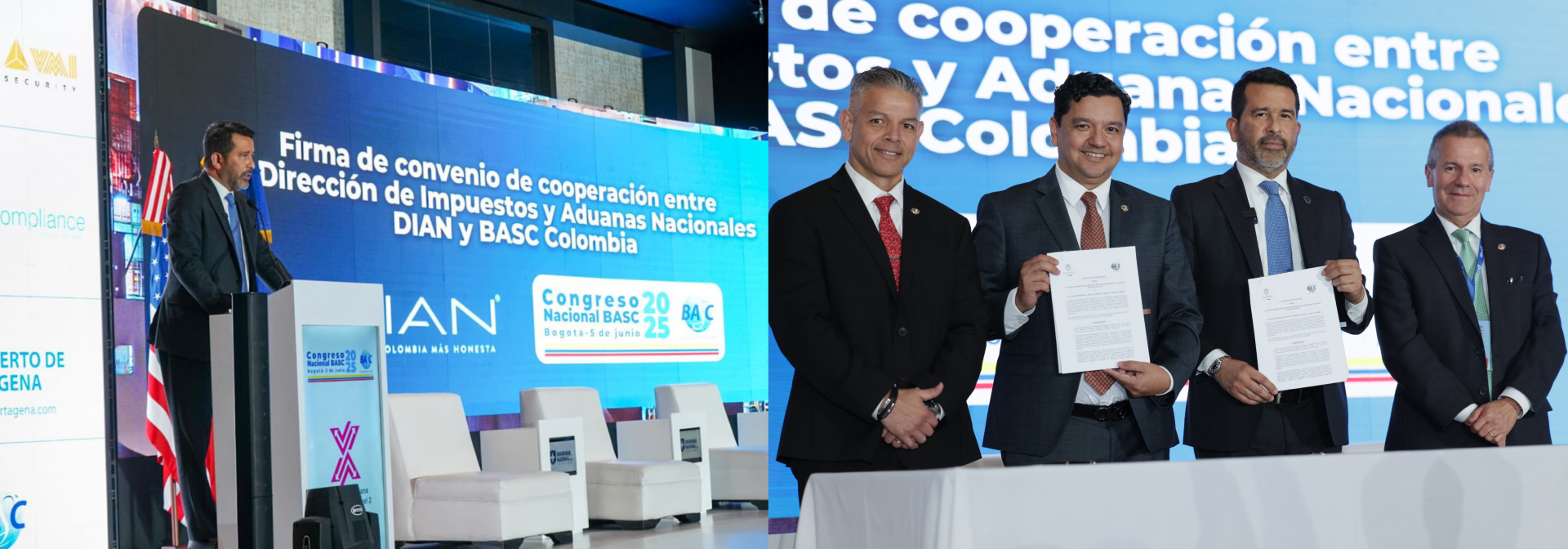 Primera foto: Intervención del Sr. Luis Eduardo Llinás durante la firma de convenio de cooperación entre la DIAN y BASC Colombia. Segunda foto, de izquierda a derecha: Erik Moncayo, Oscar Sánchez, Luis Eduardo Llinás y Luis Bernardo Benjumea. 